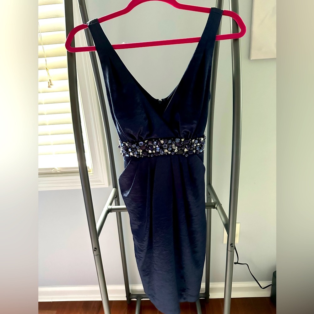 Navy blue V neck dress with sewn in jewels: